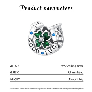 Abalorio de Plata de Ley S925 con diseño de Herradura de la Buena Suerte y Trébol con Esmalte Verde, con Circonita Cúbica y Zircón Azul, para Pulsera, Regalo para Mujer - Product Image 5