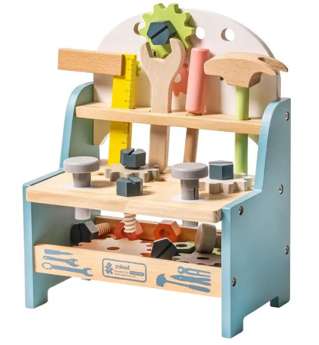 Yüksek kalite Mini ahşap oyun aracı tezgah seti çocuk tulumları için inşaat oyuncaklar hediye erkek kız için