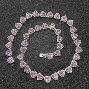 Iced Out Bling Bling Pink CZ Tennis Kette vergoldet Herz Anhänger Halskette Frauen Fine Jewelry