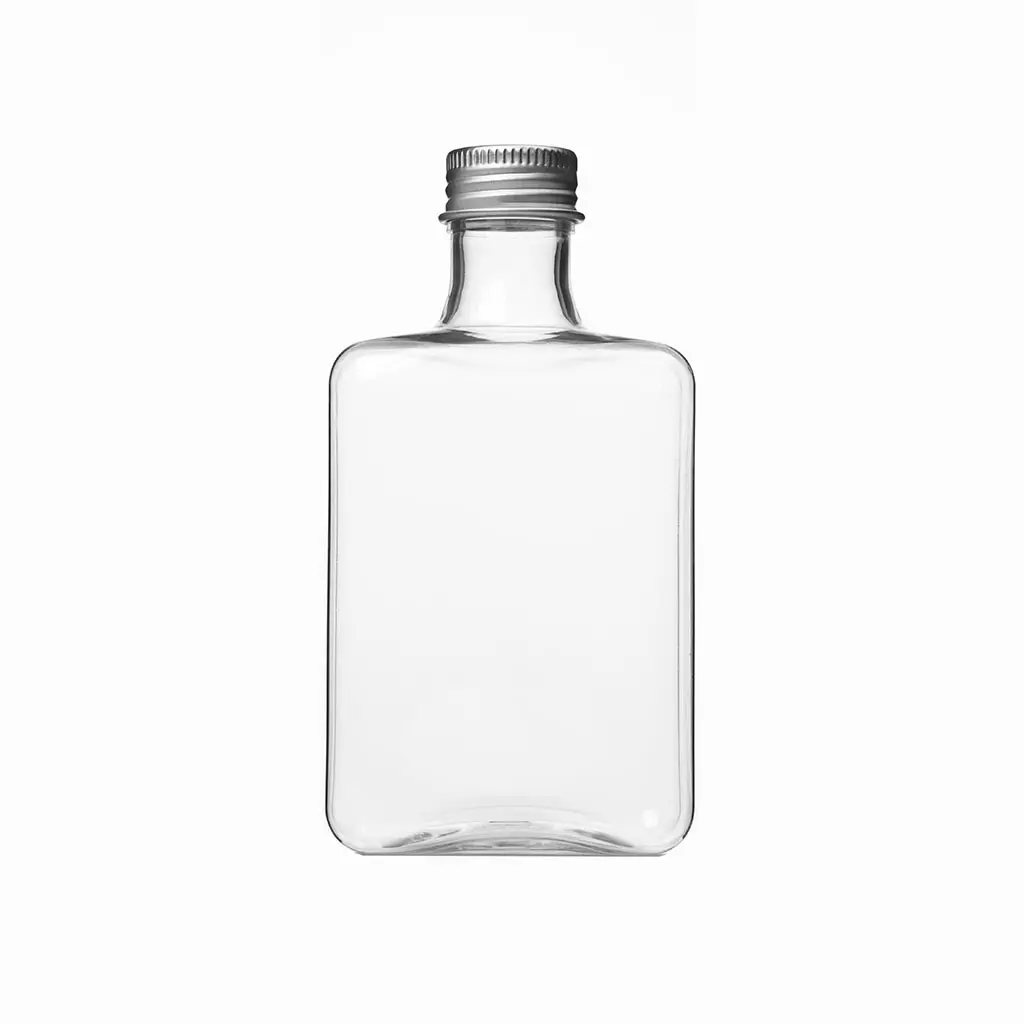 Plastic Flat Square Disposable PET Plastic Bottles with Golden Aluminum Cap for Takeaway Juice Drinks 400ml