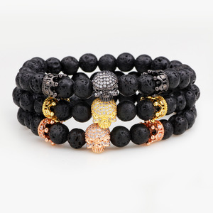 Bracelet Chakra en Pierre Volcanique avec Perles Couronne et Crâne, Or Noir, Or Rose, Bijoux de Yoga, Usage Quotidien - Product Image 1