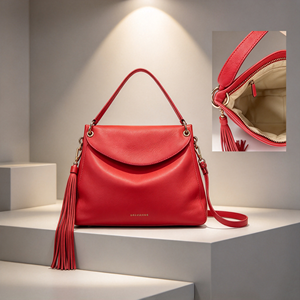 Sac à bandoulière en cuir souple rouge pour femmes, avec décorations en pompon, sangle détachable, sac à main pour soirée - Product Image 4