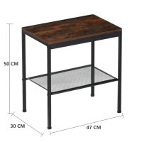 Table d'appoint industrielle à 2 niveaux, table d'appoint rustique en bois brun foncé avec cadre en métal noir et étagère en maille pour salon et chambre à coucher