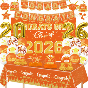 Graduation Party Decoration Set Class Of 2026 Orange <b>Gold</b> Balloons Banners <b>Backdrop</b> Tablecloth Easy Assemble - Product Image 1