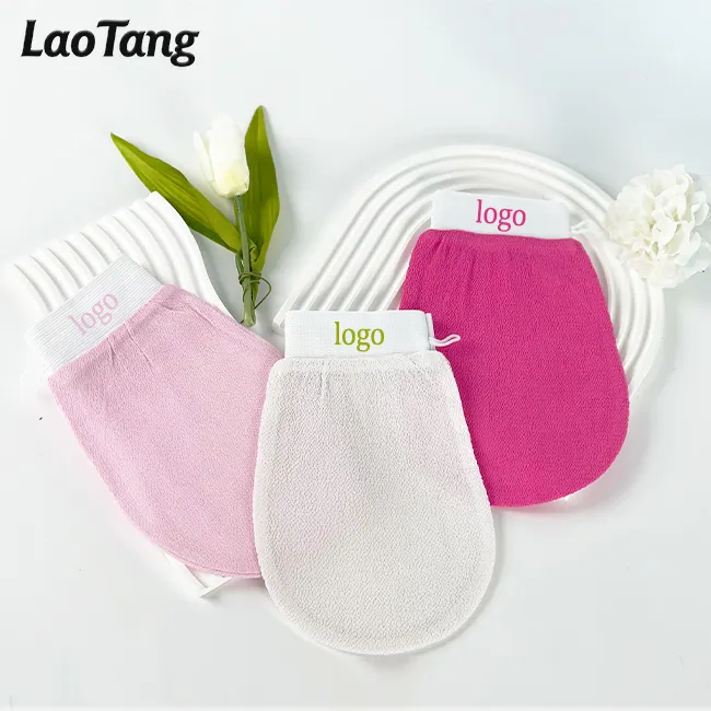 Guantes exfoliantes para baño, Logo personalizado y embalaje, color rosa, exfoliante, turco