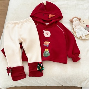 Christmas Baby Girls Hooded Sweatshirt Set Thick Fleece Lined Winter Outfit Red Santa Design With Matching Leg Warmers - Product Image 3