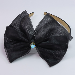 Bandeau élégant en organza avec nœud et <span class=keywords><strong>centre</strong></span> en cristal, bandeau léger en ruban transparent pour femmes et filles - Product Image 1