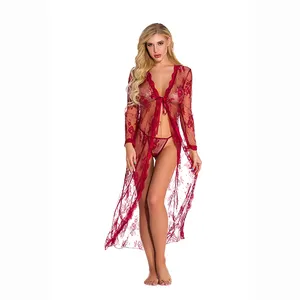 Plus Size Women's Lingerie Set Satin Babydoll with Deep V Neck Long Sleeves Mesh Lace Robe Sexy Sleepwear for Fat Women