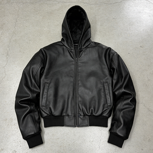 جاكيتات شتوية رجالية مخصصة من المصنعين، سميكة، ستايل ستريت وير، بتصميم عتيق، بسحاب، جودة عالية، جاكيت بومبر بغطاء رأس من الجلد - Product Image 1