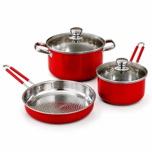 3pcs Red Stainless Steel Cookware Set With Honeycomb Frying <b>Pan</b> Stockpot Saucepan Mirror Polished <b>Induction</b> Kitchen Pot <b>Pan</b> Set - Product Image 1