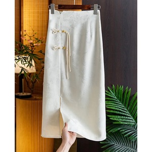 Women's Jacquard Midi Skirt High Waist Beaded Button Slit Bodycon Retro Chinese Style Satin Fabric - Product Image 3