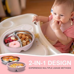 Plaques d'aspiration pour bébé en acier inoxydable avec coque en silicone amovible 2-en-1 bol en métal pour tout-petits divisé pour les enfants - Product Image 4
