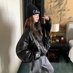 New Spring Collection Women's Cropped Stand-Collar PU Leather <strong>Jacket</strong> American Retro Hot Girl Look Relaxed <strong>Biker</strong> Style - Product Image 3