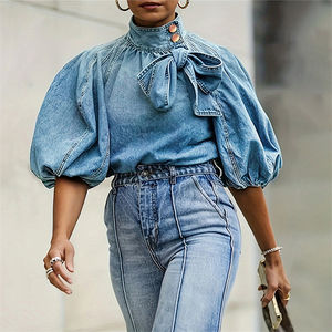 Camicette da donna Sexy in <span class=keywords><strong>Denim</strong></span> da donna alla moda a collo alto con maniche a sbuffo abiti autunnali da donna - Product Image 3