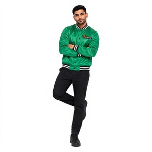 Chaqueta Varsity de Satén Verde para Hombre, con Puños Acanalados en Blanco y Negro, Botones a Presión, Resistente al Viento, Deportiva, para Otoño - Product Image 1
