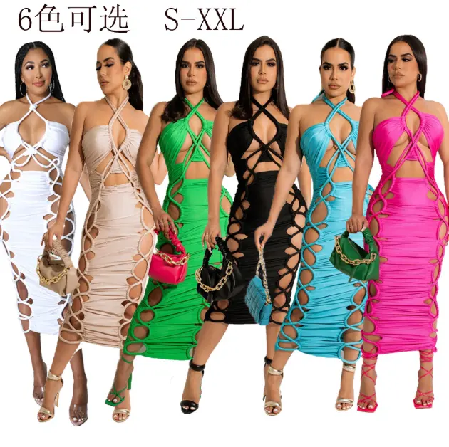 European and American multicolor sexy women solid color hollow out bandage party club midi long dresses