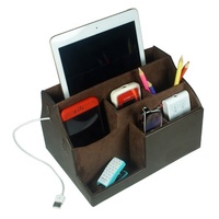Organisateur de bureau multifonction en cuir LG8135, boîte de rangement pour stylos, télécommande, avec trou USB
