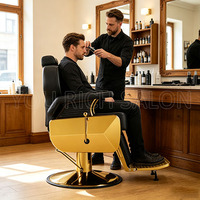 Fauteuil de Barbier de Luxe en Cuir PU Noir et Or, Hydraulique, Inclinable, Pivotant à 360 Degrés, Repose-Pieds Réglable pour Salon et Salle de Séjour