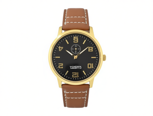 Orologio da Uomo Yasno 38mm, Analogico al Quarzo, Cinturino in Pelle, Display Data, Cassa Rotonda Elegante, Quadrante Oro Giallo, Vetro Minerale - Product Image 1