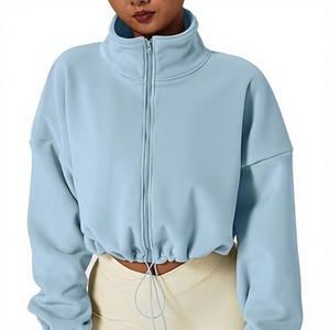 <b>Light</b> Blue Cropped Fleece <b>Jacket</b> <b>Women</b> Stand Collar Zip Up Pullover Soft Warm Casual Outerwear Autumn Wear - Product Image 1