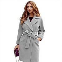 Nouveau Manteau Long Femme Automne Hiver en Laine Coupe Ajustée avec Ceinture et Col Rabattu, Couleur Unie