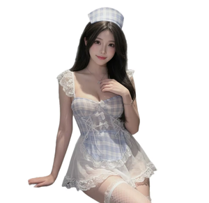 Lingerie Sexy Sottile in Pizzo Puro e Seducente, Abito Sottoveste con Scollo a V Profondo, Costume da Cameriera, Pigiama Tentante per Adulti, Tema Gatto Latte Greedy, per Serata Romantica - Product Image 1