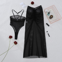 Bodysuits Perspective en maille noire pour femmes avec jupe longue en mousseline Femmes Halter Neck See Through Jumpsuit Lady Thin Exotic Dresses