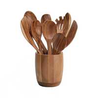 Ensemble de 10 ustensiles de cuisine en bois d'acacia à long manche – Cuillères, spatules, support de rangement – Écologique, antiadhésif, compatible micro-ondes et lave-vaisselle