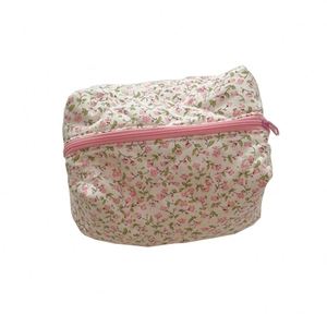 Bolsa de Maquillaje Floral Acolchada de Gran Capacidad, Bolsa de Cosméticos Plegable de Tela de Lino y Algodón para Mujer - Product Image 1
