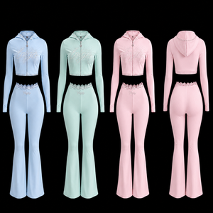 Ensemble 2 pièces Y2K pour femme 2026 : Veste à capuche zippée et pantalon de yoga évasé, style streetwear avec logo en strass - Product Image 1