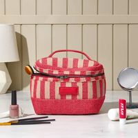 Trousse de Toilette de Voyage Haut de Gamme Personnalisée, Motif Chevron Tissé Rayé Rouge Beige Rétro, avec Poignée, Organisateur de Maquillage
