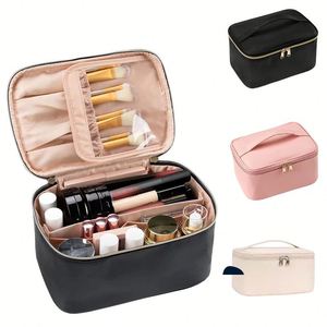 Bolsa de Maquillaje de Viaje de Gran Capacidad para Mujer, Bolsa de Cosméticos de Cuero PU con Doble Cremallera, Asa Portátil, Estuche Organizador de Maquillaje - Product Image 2