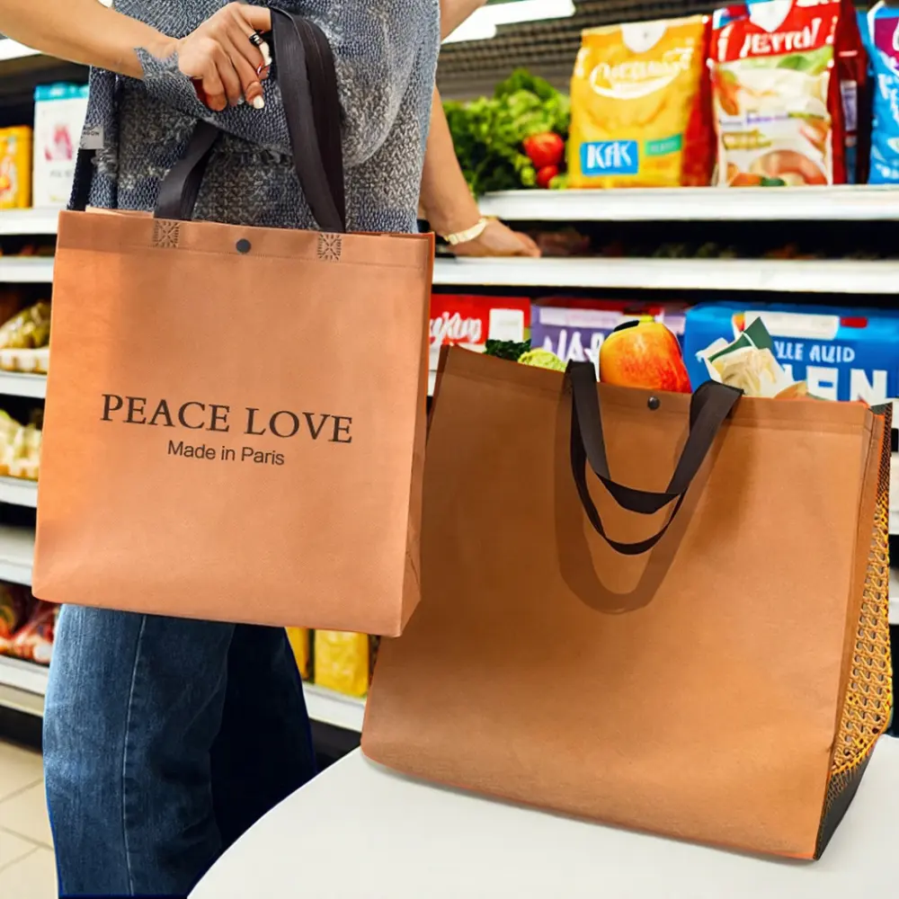 Bolsa de compras de tela no tejida personalizada ecológica con asa reciclable, logotipo impreso, reutilizable, ODM/OEM, uso de comestibles en supermercado