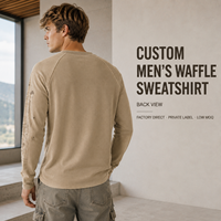 Sweatshirt Waffle Pria Kustom Lengan Raglan Model Patchwork Dekonstruksi, Atasan Crop Washed untuk Gaya Kasual Retro Jalanan