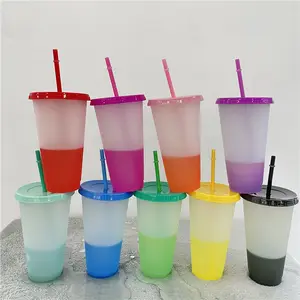 半透明透明夏季冰冷饮新款16盎司24盎司可再用磨砂塑料变色杯子带盖