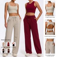 Ensemble de yoga 2 pièces pour femme : débardeur ajusté à col carré + pantalon large taille haute à cordon de serrage en Spandex/Nylon extensible dans les quatre sens