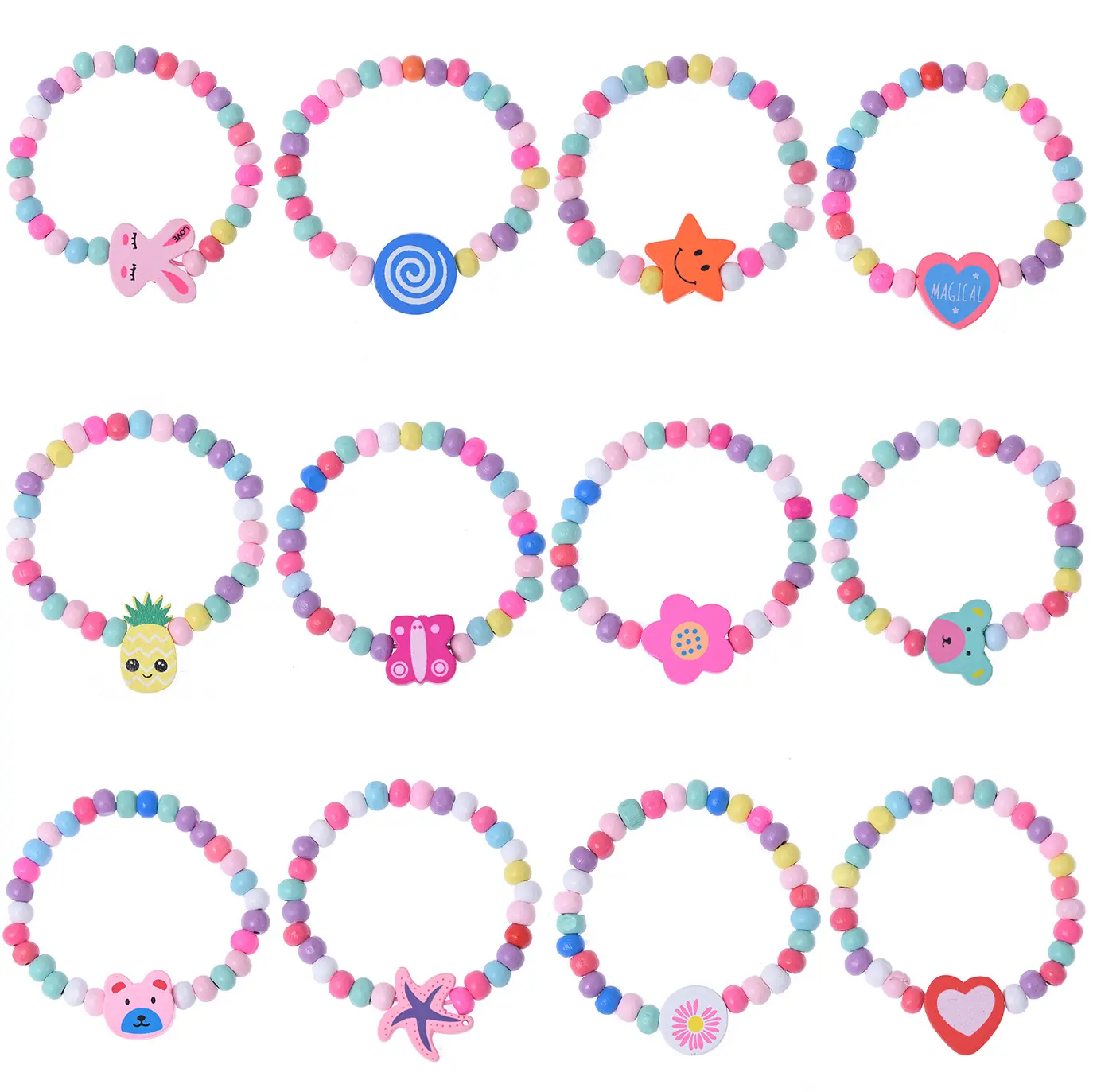 12 teile/paket Großhandel niedlichen bunten Tier Blume Cartoon Holz Perlen Armband Kinder Schmuck Mädchen Junge Geschenke Geburtstag Armband