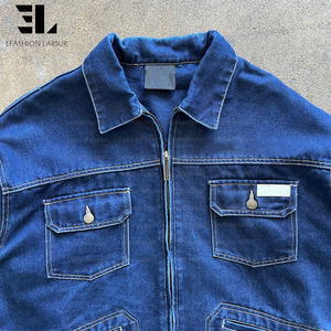 LARSUR Custom Distress Wash Cotton Twill Denim French Work Jacket Work Wear Worker Hunting Denim <strong>Jeans</strong> Chore Coat - Product Image 3