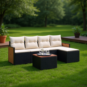 Conjunto de Sofá Modular de Jardín en Ratán Negro con Cojines de Espuma de Alta Densidad, Muebles de Exterior con Diseño Elegante y Duradero - Product Image 2