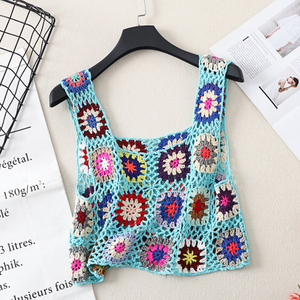 Fait à la main <span class=keywords><strong>au</strong></span> <span class=keywords><strong>crochet</strong></span> mamie carré été extérieur bohême évidé col carré femmes Sexy <span class=keywords><strong>gilet</strong></span> Cool débardeurs hauts - Product Image 2