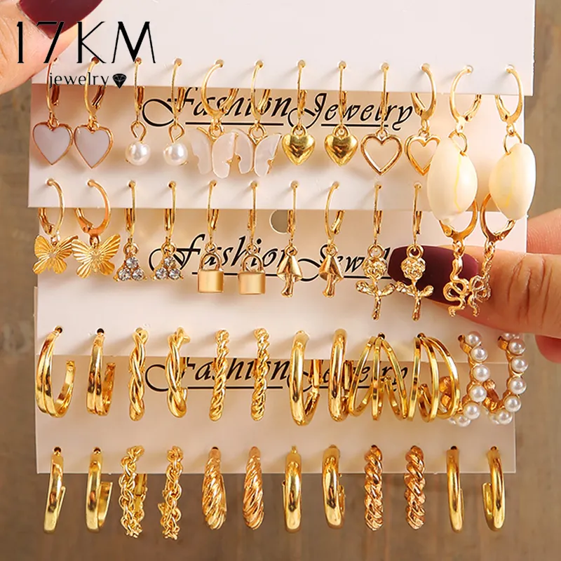 6 Piece vintage Gold Pearl Zircon Heart Butterfly Twist Hoop Earrings Set women Hollow Dangle Earrings Jewelry Set