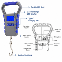 Balance de pêche numérique étanche rechargeable Type-C en ABS, 30 kg/65 lb, haute précision, balance électronique suspendue, écran LCD rétroéclairé de 2,5 pouces