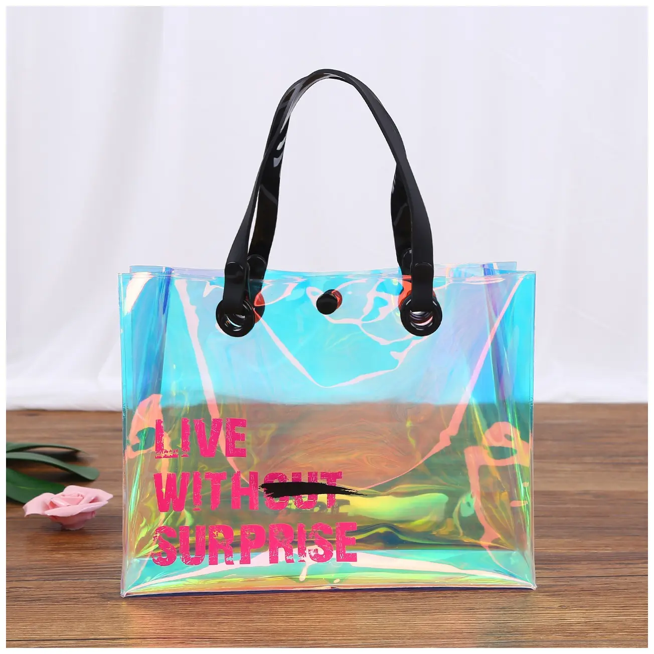 TUOSLAND Online shopping colorful laser PVC transparent holographic TPU jelly tote bag custom beach candy handbag for women