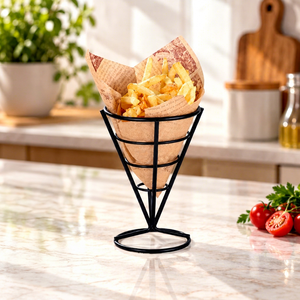 Cesta de alambre metálico negro para alimentos, soporte cónico para freidora, soporte de exhibición para papas fritas, aperitivos y postres en mostrador - Product Image 1