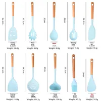 Peralatan Dapur Silikon Gagang Kayu Eropa Anti Lengket Anti Selip Anti Panas Set 10 Buah Biru Set Peralatan Masak Oven dan Dishwasher