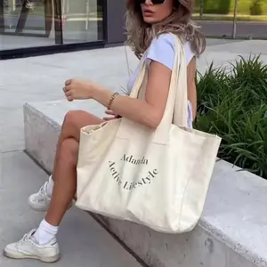 Custom Print Logo Cotton Large Shopping White Canvas Tote Bag With Pocket And Zipper