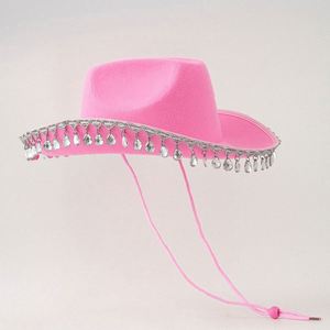 Chapeau de fête en strass en gros, style western, chapeau de cowgirl rose avec pompon diamanté - Product Image 4