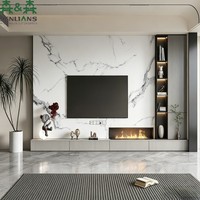 Mueble de TV Moderno y Lujoso SLS, Centro de Entretenimiento Personalizado con Luces LED, Pared con Efecto Mármol y Panel Acanalado