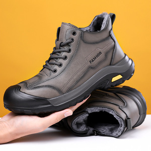 Bottes Martin pour hommes, automne-hiver, à semelle épaisse, hautes, doublées de polaire, chaussures de randonnée, vêtements décontractés d'extérieur, noir, gris - Product Image 2