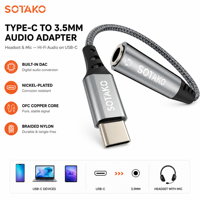 Adaptateur audio USB-C vers 3,5 mm SOTAKO avec puce DAC intégrée, convertisseur casque Type-C, protection OTP, son HiFi pour téléphone portable et ordinateur portable